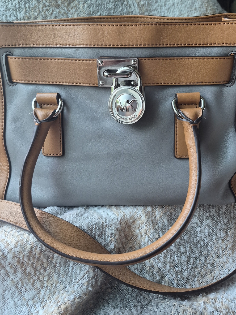 Michael Kors Gray and Tan Leather Satchel with MK Lock Detail